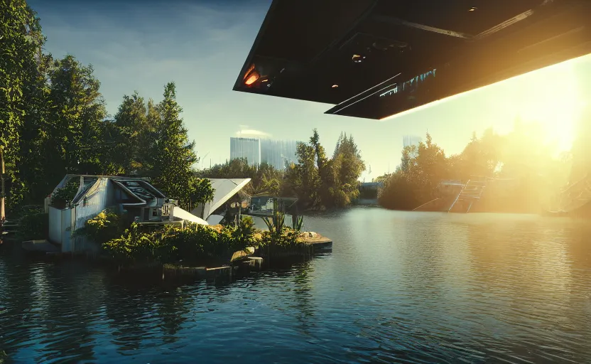 Prompt: photorealistic cyberpunk lakehousein a lush dessert oasis. daylight. sunlight. lens flare. light fixtures. 8K. detailed. photorealism. artstation. 25mm f/1.7 ASPH Lens. ultra realistic