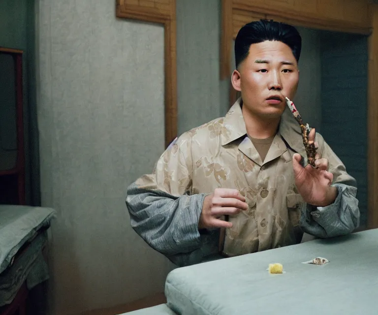Prompt: hyperralism pineapple express movie still photography of real detailed north korean kim chen with detailed face smoking detailed weed in basement bedroom photography by araki nobuyoshi