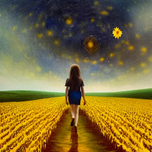 Prompt: giant yellow sunflower face, girl walking in wheat field, hills, surreal photography, dark night, star trails, dramatic light, impressionist painting, clouds, digital painting, artstation, simon stalenhag