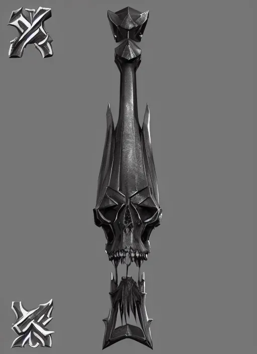 Prompt: a black long sword skull crest, orthographic, ornament, weapon, a 3 d render by dom qwek, front side views full, trending on polycount, artstation, hard surface modeling, rendered in maya, 3 ds max, blender, hd, vray, berserk