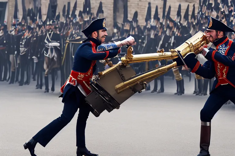 Image similar to closeup portrait of emmanuel macron dressed as napoleon firing a cannon in a street, natural light, sharp, detailed face, magazine, press, photo, steve mccurry, david lazar, canon, nikon, focus