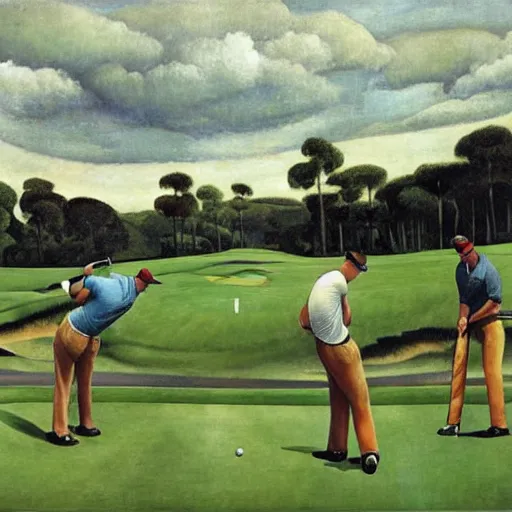 Image similar to Three golfers on a beautiful golf course driving range, by Diego Rivera