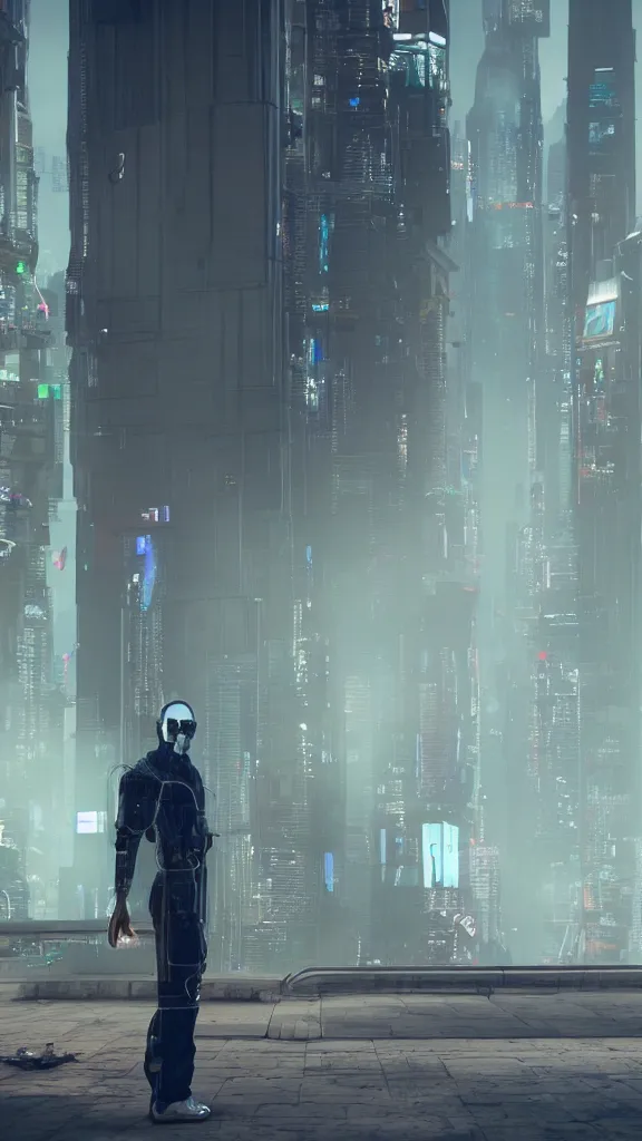 Image similar to a cyberpunk futuristic man smoking cigarettes behind a cyberpunk city, 8 k, sharp, detailed, photorealistic, octane render.