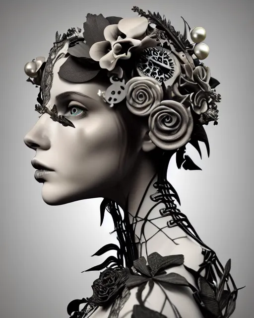 Image similar to monochrome 3 d model, floral steampunk biomechanical beautiful young female cyborg with porcelain profile face and a techno eye, volumetric light, leaves foliage and stems, hibiscus flowers, boho floral vines, sinuous fine roots, fine foliage lace, alexander mcqueen, rim light, gothic fashion pearl embroidered collar, octane render, bw, 8 k