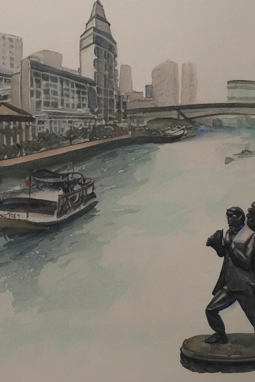 Image similar to a watercolor depicting singapore river boat quay with statue of raffles, gloomy weather, high contrast, smooth, by joseph zbikowicz, 8 k