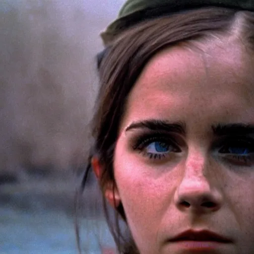 Image similar to film still, extreme far view, emma watson vietnam door gunner, film still from apocalypse now ( 1 9 7 9 ), 2 6 mm, kodak ektachrome, blue tint expired film,