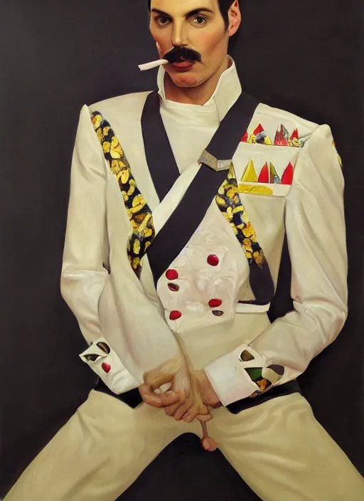 Image similar to a portrait painting of Freddie Mercury by John Currin