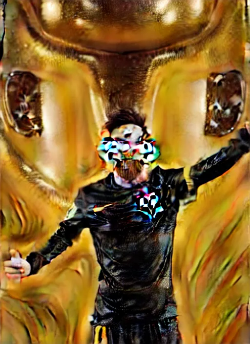 Image similar to a gorgeous lionel messi photo, professionally retouched, soft lighting, wearing shiny gold catsuit, illuminated by floating, glowing alien symbols, realistic, smooth face, perfect eyes, wide angle, sharp focus on eyes, 8 k high definition, insanely detailed, intricate, elegant, art by artgerm and wlop