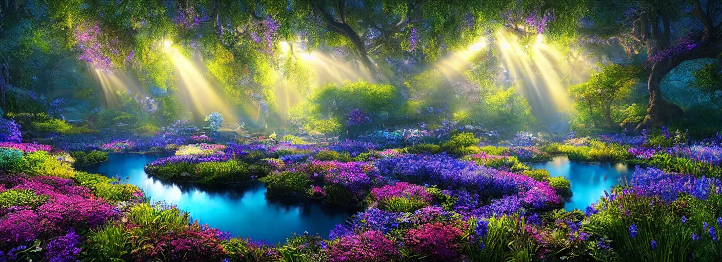 Prompt: photograph of enchanted garden, blue pond in the middle, with rays of light, flowers with intricate detail, by marc adamus, highly detailed, intricate detail, cinematic lighting