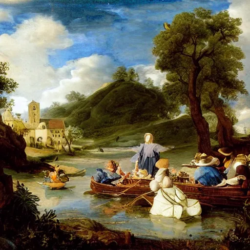 Image similar to cinnabun by jacob van ruisdael, by warren ellis, by charles spencelayh ultradetailed. the computer art of a group of well - dressed women & children enjoying a leisurely boat ride on a calm day. the women are chatting & laughing while the children play with a toy boat in the foreground.