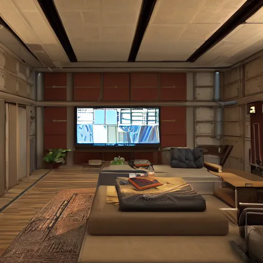 Image similar to Sci fi engine room living room, cybernetic wallpaper, thunderstrike walls, unreal engine 5 tech demo, zillow interior, cool tint, metallic reflective, octane render, Frank Lloyd Wright ((Studio Ghibli))