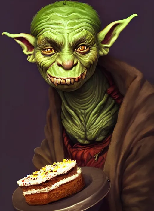 Image similar to portrait of a medieval goblin eating cakes, beautiful face, hyper realistic, highly detailed, digital painting, artstation, illustration, concept art by hyung tae and frank frazetta, digital paint, matte paint, washed colors, dark, gloomy