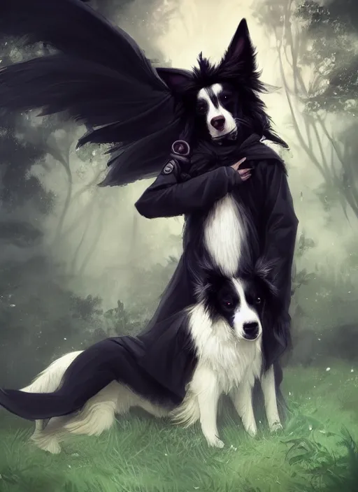 Image similar to beautiful wide angle full body portrait of a cute male anthropomorphic anthro border collie fursona wearing black robes in a park, character design by charlie bowater, henry asencio, and ross tran, scenic background, detailed, glamor pose, solo, aesthetic, trending on artstation, furaffinity, deviantart
