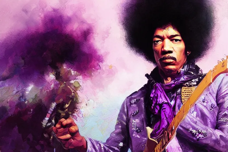 Prompt: jimi hendrix as a purple haze, soft, sharp focus, detailed, artwork by Tooth Wu and wlop and greg rutkowski