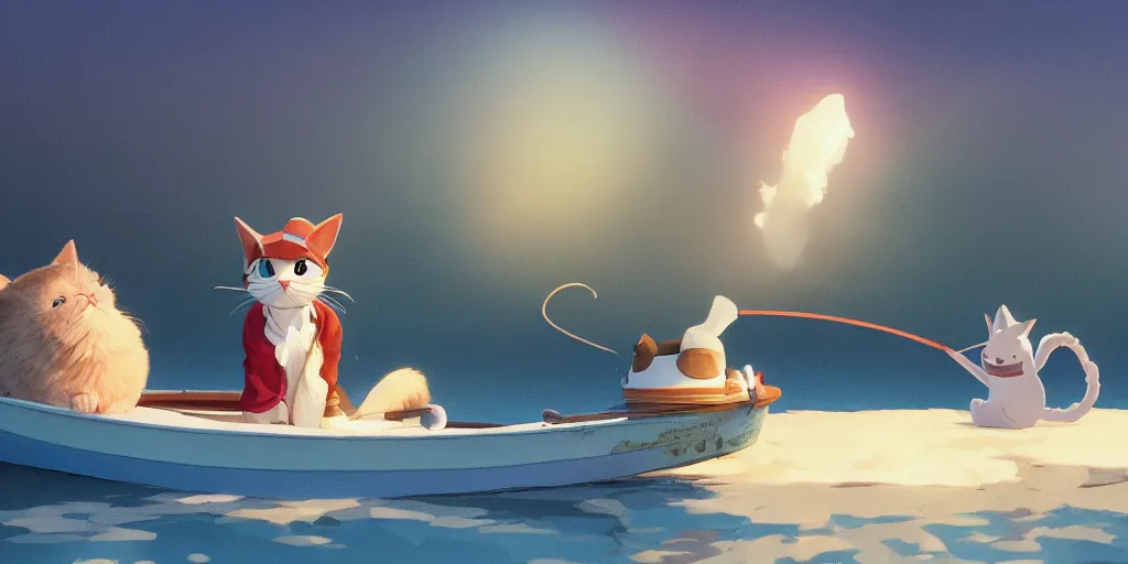 Image similar to a wholesome animation key shot of a cute cat on a fishing boat wearing a sunhat, studio ghibli, pixar and disney animation, sharp, rendered in unreal engine 5, anime key art by greg rutkowski, bloom, dramatic, dynamic lighting