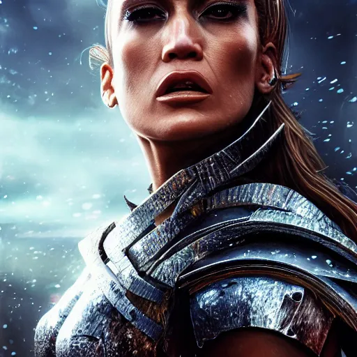 Image similar to jennifer lopez portrait, dystopia core, apocalyptic, armor, warrior, dramatic, sharp focus, fiction, neon, fantasy, hyper detailed, digital art, trending in artstation, cinematic lighting, studio quality, smooth render, unreal engine 5 rendered, octane rendered, art style and nixeu and wlop and krenz cushart