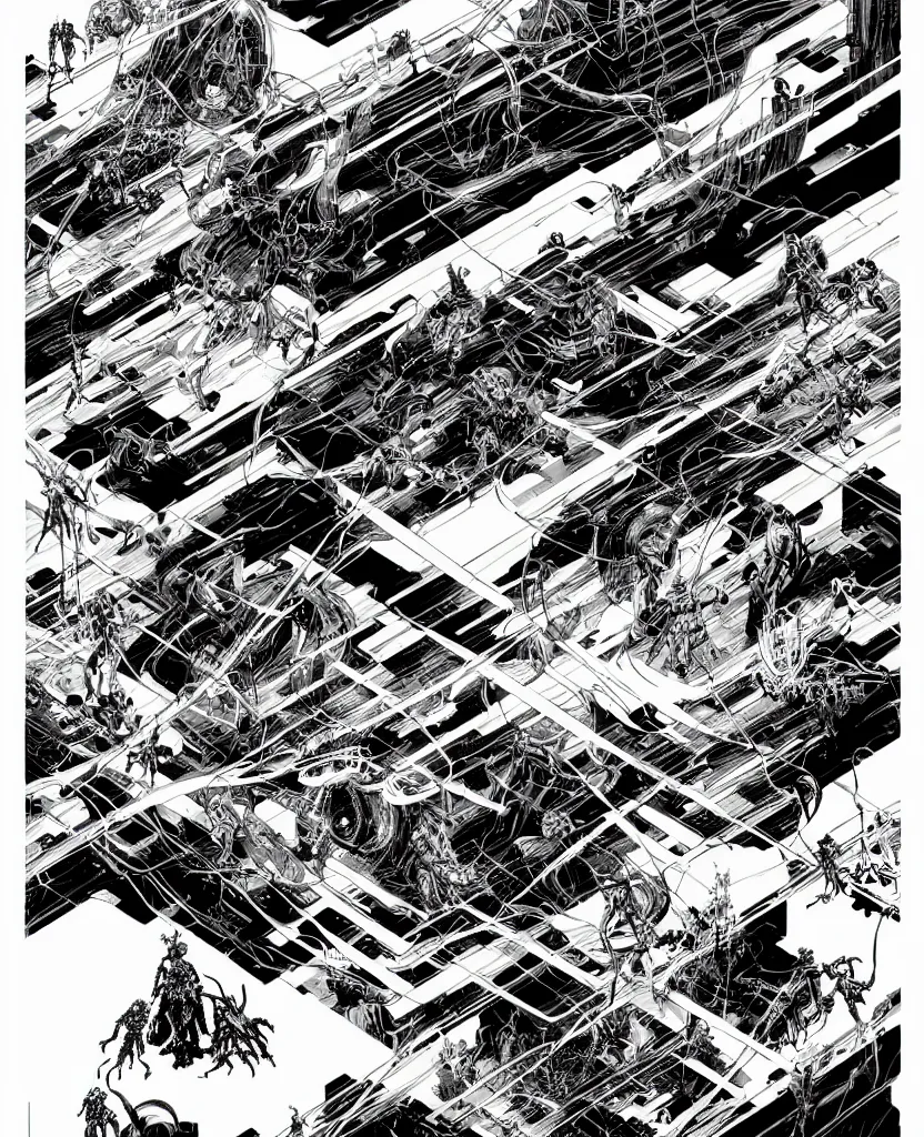 Image similar to black and white avengers fights with marvel monsters with wires, isometric, by tsutomu nihei, background cybernetic planets