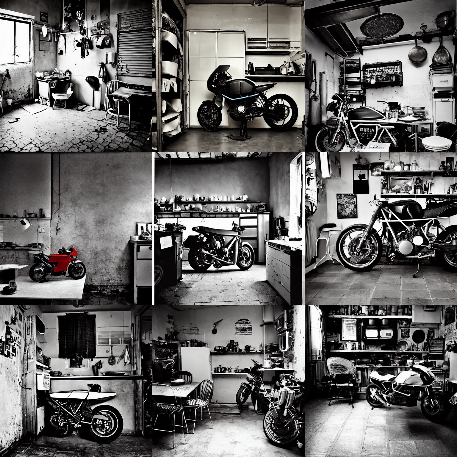 Prompt: huge ducati panigrale motorbike, crammed into cluttered small cozy kitchen, darkroom, candles, chairs and tables, white tile on the floor, overexposed, by paolo pellegrin, by trent parke, prize winning photo, high contrast color film