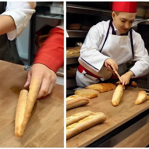 Image similar to two bakers pretending to use baguettes as swords in a small bakery by sanrio