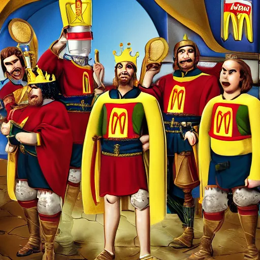 Prompt: king author and the knights of mcdonalds, highly detailed, high quality, high resolution