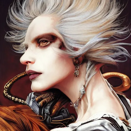 Image similar to portrait, headshot, insanely nice hair style, dramatic hair color, digital painting, of a old 17th century, old cyborg merchant, amber jewels, baroque, ornate clothing, scifi, realistic, hyperdetailed, chiaroscuro, concept art, art by Franz Hals and Jon Foster and Ayami Kojima and Amano and Karol Bak,