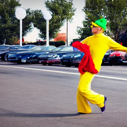 Image similar to realistic photograph of one bright yellow cat wearing a red hat, a green shirt and blue overalls dancing in a parking lot