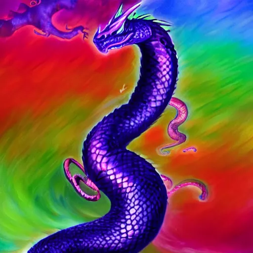 Image similar to serpent dragon made of rainbow and splashes of colors, artstation