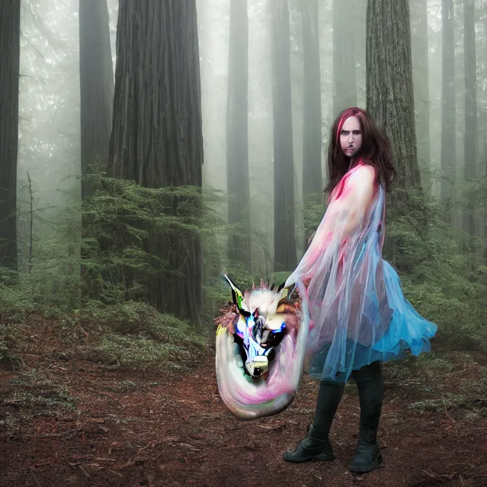 Prompt: a color photograph, closeup portrait of a woman wrapped in plastic, holding a unicorn skull, in a foggy redwood forest, color photograph, by vincent desiderio, canon eos c 3 0 0, ƒ 1. 8, 3 5 mm, 8 k, medium - format print