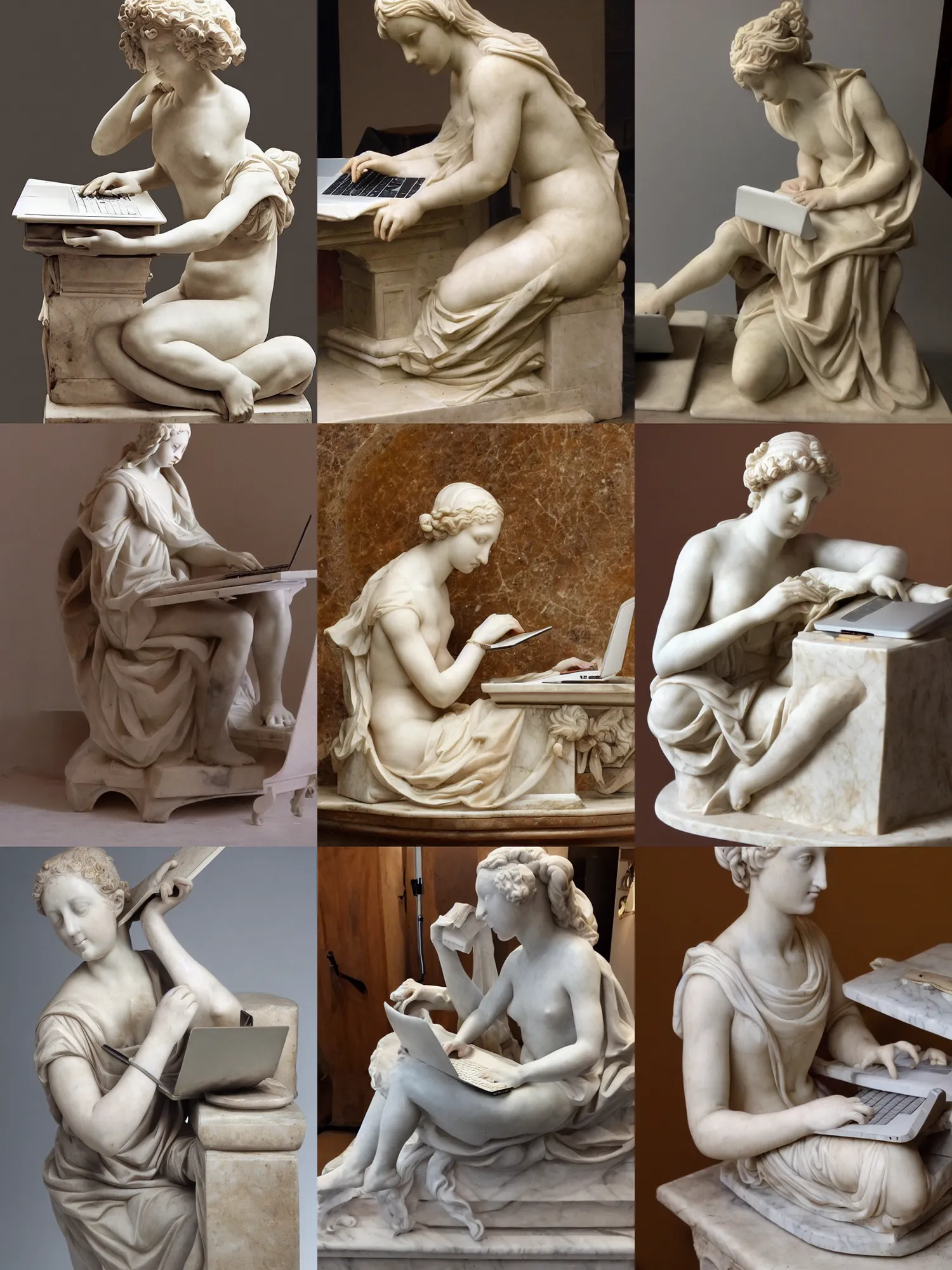 Prompt: a renaissance marble sculpture of one clothed girl working hard typing on a laptop