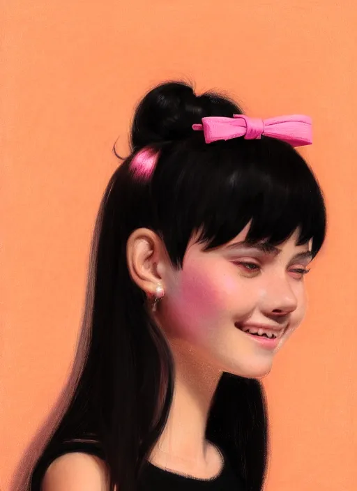 Prompt: portrait of teenage girl, narrow face, black hair, bangs, half updo hairstyle, skinny, smile, unattractive, defined jawline, big chin, wearing pink hair bow, earrings, intricate, elegant, glowing lights, highly detailed, digital painting, artstation, sharp focus, illustration, art by wlop, mars ravelo and greg rutkowski