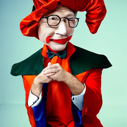 Prompt: UHD candid photo of Bill Gates dressed as a Court Jester, wearing extremely accurate clown makeup, accurate face, UHD, photorealistic, correct face, photo by Annie Leibowitz