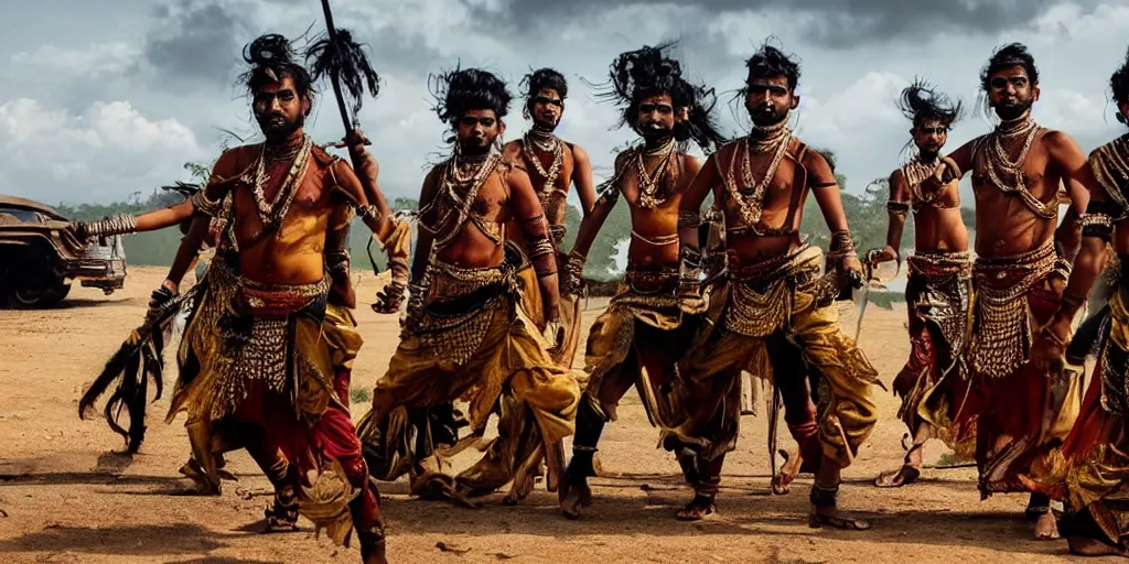 Image similar to sri lankan mad max style, sri lankan kandyan dancers, film still, epic shot cinematography, rule of thirds