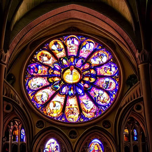 Prompt: a dramatically lit cathedral with candles and god rays, made of fruit and vegetables. The rose window is made from a giant orange slice.