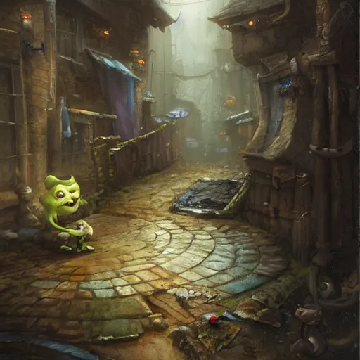 Prompt: anthropomorphic puddle with an angry sneer lurking in a damp alleyway , concept art, painting by Justin Gerard