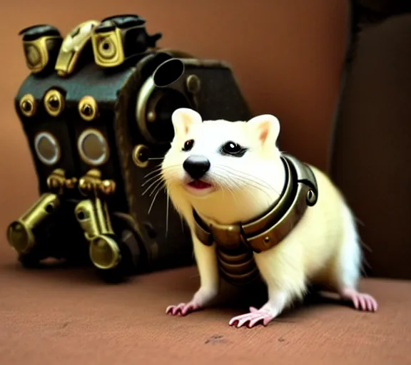 Image similar to futuristic steampunk ferret - shaped pet - robot, steampunk ferret - robot, borderlands - inspired ferret - shaped robot pet