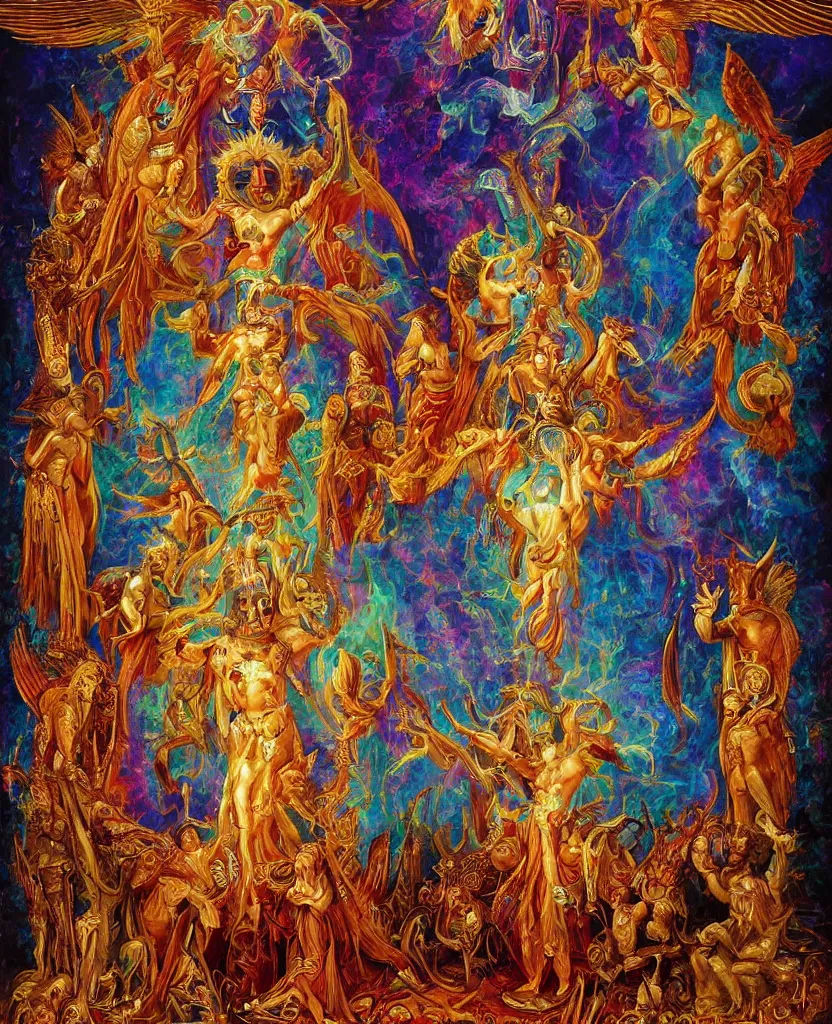 Image similar to holy throne of the gnostic god, award winning oil painting, iridescent aberration celestial color palette