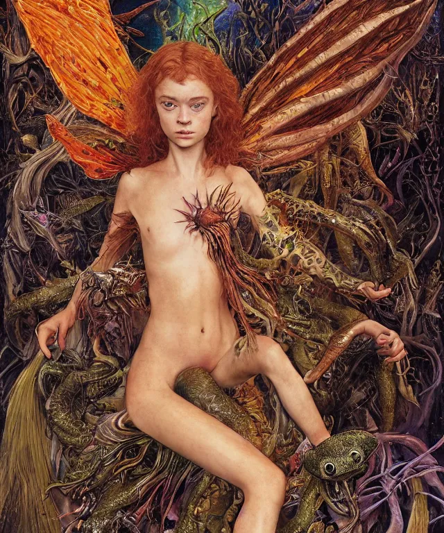 Prompt: a portrait photograph of a fierce sadie sink as an alien harpy queen with slimy amphibian skin. she is trying on evil bulbous slimy organic membrane fetish fashion and transforming into a fiery succubus amphibian butterfly. by donato giancola, walton ford, ernst haeckel, brian froud, hr giger. 8 k, cgsociety