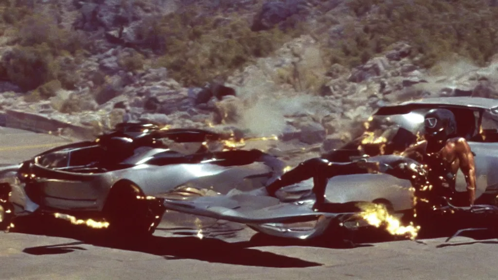 Prompt: film still from the movie death race 3 0 0 0, the sequel to the movie death race 2 0 0 0, cult cinema, pulp cinema, vintage, nineteen seventies, saturated color, cinematic lighting, cinematic composition