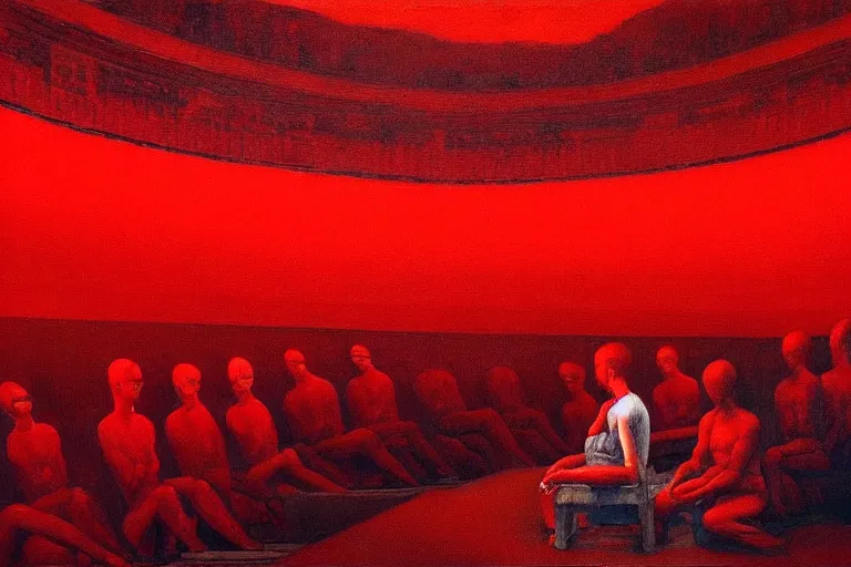 Image similar to only with red, crowd screaming, an exposed painting in a roman theater, in the style of beksinski, parts by edward hopper, parts by rodcenko, parts by yue minjun, intricate and epic composition, red by caravaggio, insanely quality, highly detailed, masterpiece, red light, artstation, 4 k