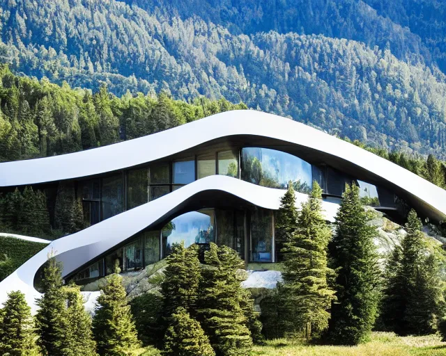 Prompt: A 8K photograph of a modern mansion by Zaza Hadid, set against a stunning backdrop of mountains and forests, unique architecture and design, the photograph is taken from a distance