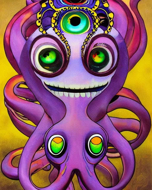 Image similar to Octopus goddess, a painting of a weird creature with a weird hat, a surrealist painting by Takashi Murakami, trending on deviantart, pop surrealism, lowbrow, lovecraftian, whimsical