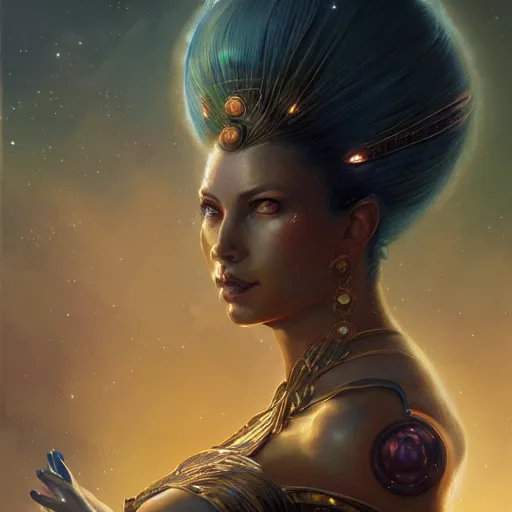 Image similar to a beautiful portrait of a cosmic goddess by Greg Rutkowski and Jim Burns, Trending on Artstation, nebula background