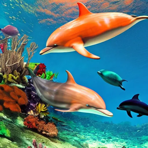 Prompt: colorful underwater view of dolphins and reef fish, realistic photo