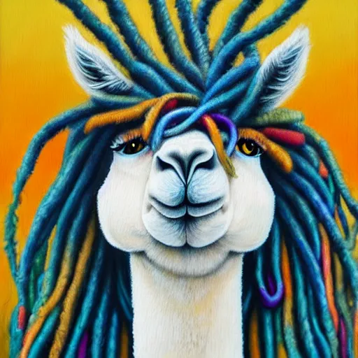 Prompt: llama with dreadlocks, oil painting by James Jean