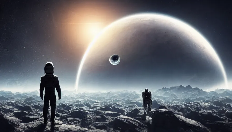 Image similar to A dark astronaut with a dark cape walking on a extremely mountainous alien planet with a big planet with rings in the sky, concept art, trending on DeviantArt, digital art, highly detailed, high quality, 4k, beautiful landscape, calm
