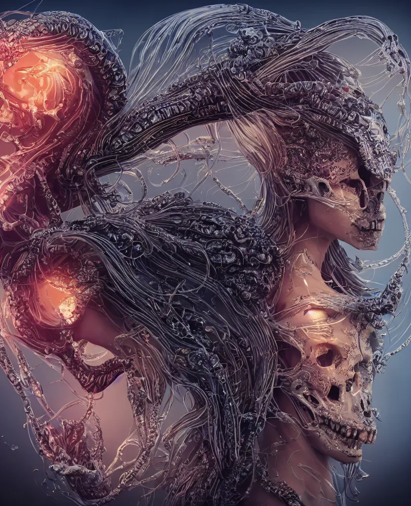 Image similar to close-up macro portrait of the face of a beautiful princess with animal skull mask, epic angle and pose, symmetrical artwork, 3d with depth of field, blurred background, cybernetic jellyfish female face skull phoenix bird, translucent, nautilus, energy flows of water and fire. a highly detailed epic cinematic concept art CG render. made in Maya, Blender and Photoshop, octane render, excellent composition, cinematic dystopian brutalist atmosphere, dynamic dramatic cinematic lighting, aesthetic, very inspirational, arthouse. y Greg Rutkowski, Ilya Kuvshinov, WLOP, Stanley Artgerm Lau, Ruan Jia and Fenghua Zhong