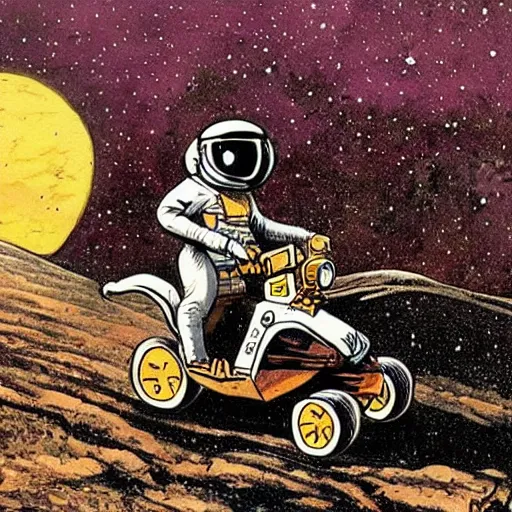 Image similar to painting of monkey wearing a space helmet riding an atv on the moon, jack davis style