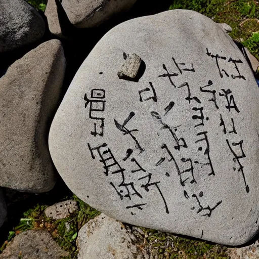 Prompt: ancient text on a rock, written in toki pona language