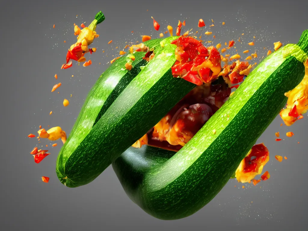 Image similar to detailed 3 d render of a raging zucchini!! character chasing!! down a desperate tomato!, high speed action, explosions, dramatic scene, hyper realistic octane render, cinematic lighting, deviantart, black sky, lowbrow, frame from pixar movie