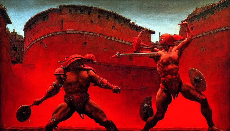 Prompt: only with red, an armored gladiator in a crowded roman amphitheatre, crowd cheering, in the style of beksinski and edward hopper and rodcenko and yue minjun and rolf armstrong, intricate and epic composition, red by caravaggio, highly detailed, masterpiece, red light, artstation